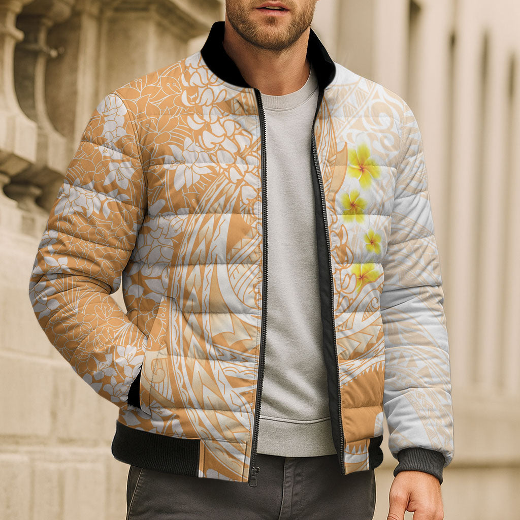 Orange Hawaii Shark Tattoo Bomber Puffer Jacket Puakenikeni Lei Plumeria Polynesian Pattern LT14 - Polynesian Pride