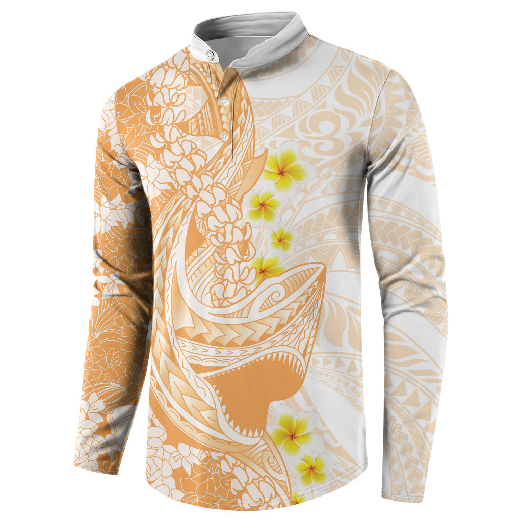 Orange Hawaii Shark Tattoo Button Sweatshirt Puakenikeni Lei Plumeria Polynesian Pattern