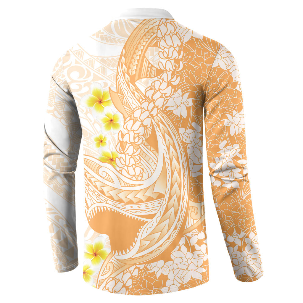 Orange Hawaii Shark Tattoo Button Sweatshirt Puakenikeni Lei Plumeria Polynesian Pattern