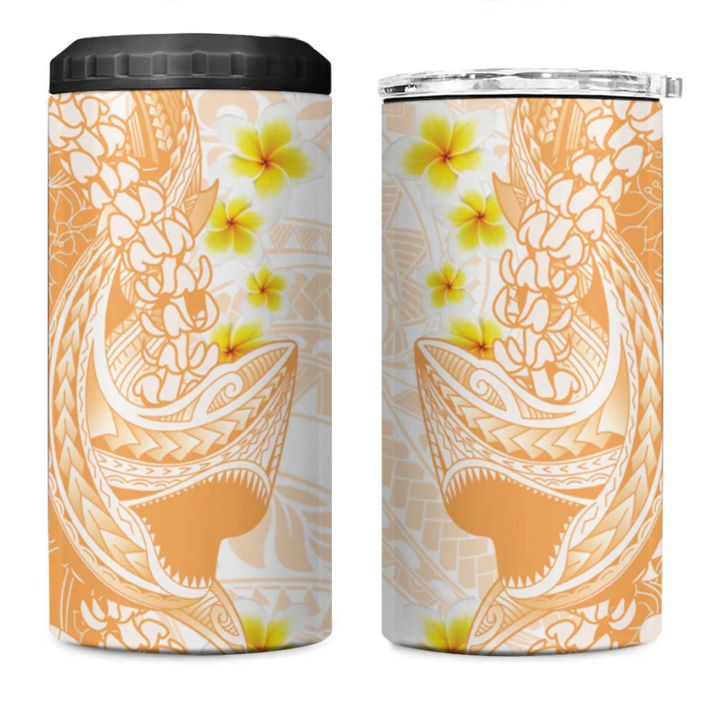 Orange Hawaii Shark Tattoo 4 in 1 Can Cooler Tumbler Puakenikeni Lei Plumeria Polynesian Pattern