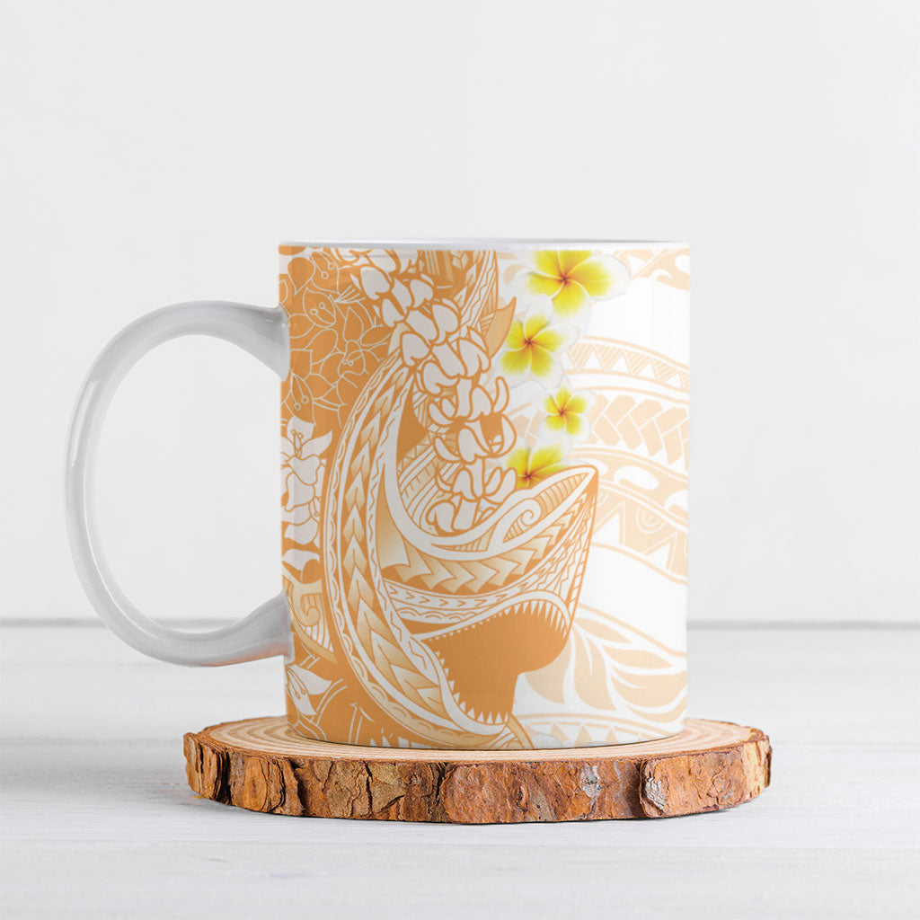 Orange Hawaii Shark Tattoo Ceramic Mug Puakenikeni Lei Plumeria Polynesian Pattern