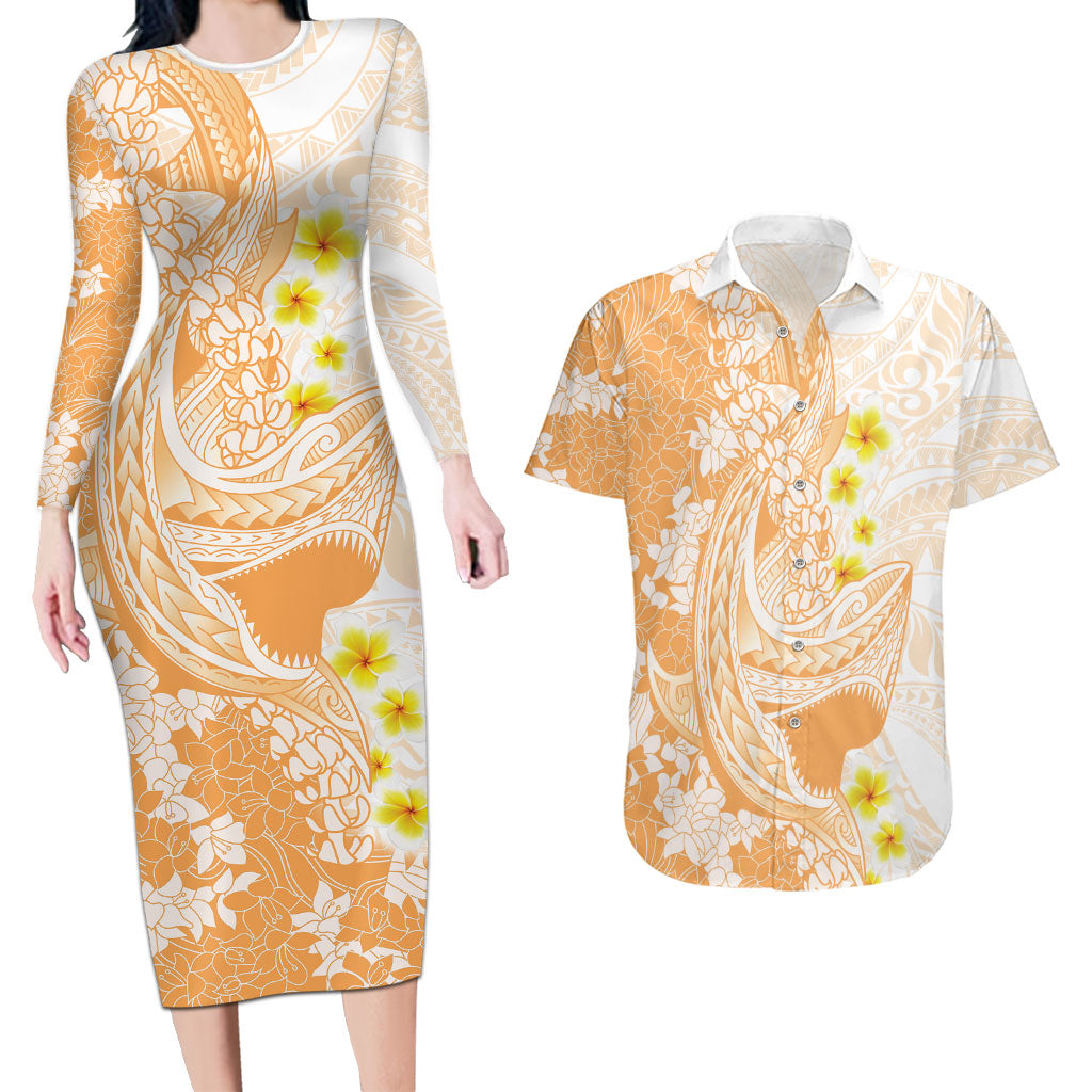 Orange Hawaii Shark Tattoo Couples Matching Long Sleeve Bodycon Dress and Hawaiian Shirt Puakenikeni Lei Plumeria Polynesian Pattern