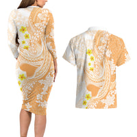 Orange Hawaii Shark Tattoo Couples Matching Long Sleeve Bodycon Dress and Hawaiian Shirt Puakenikeni Lei Plumeria Polynesian Pattern