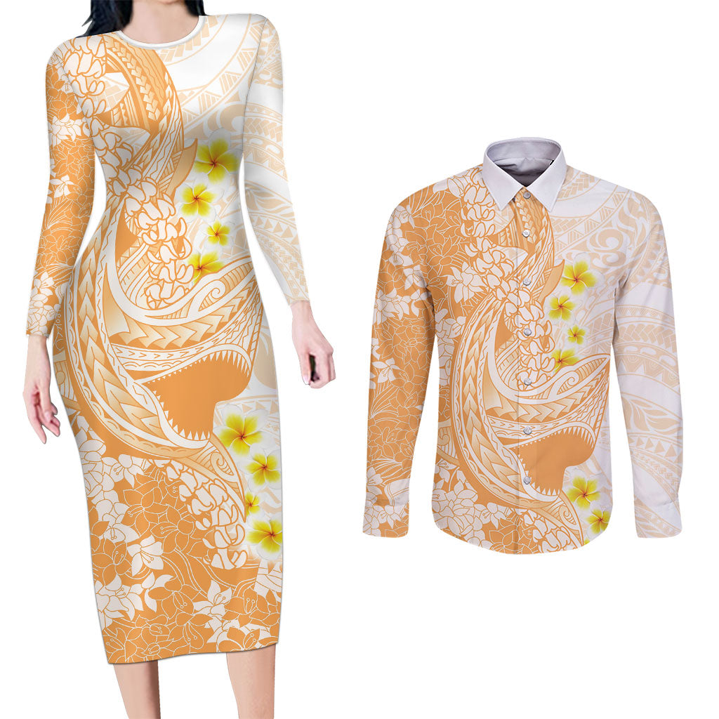 Orange Hawaii Shark Tattoo Couples Matching Long Sleeve Bodycon Dress and Long Sleeve Button Shirt Puakenikeni Lei Plumeria Polynesian Pattern