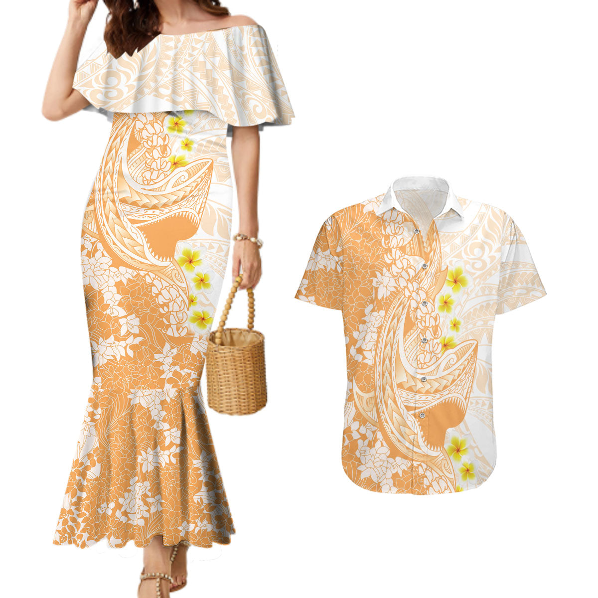 Orange Hawaii Shark Tattoo Couples Matching Mermaid Dress and Hawaiian Shirt Puakenikeni Lei Plumeria Polynesian Pattern