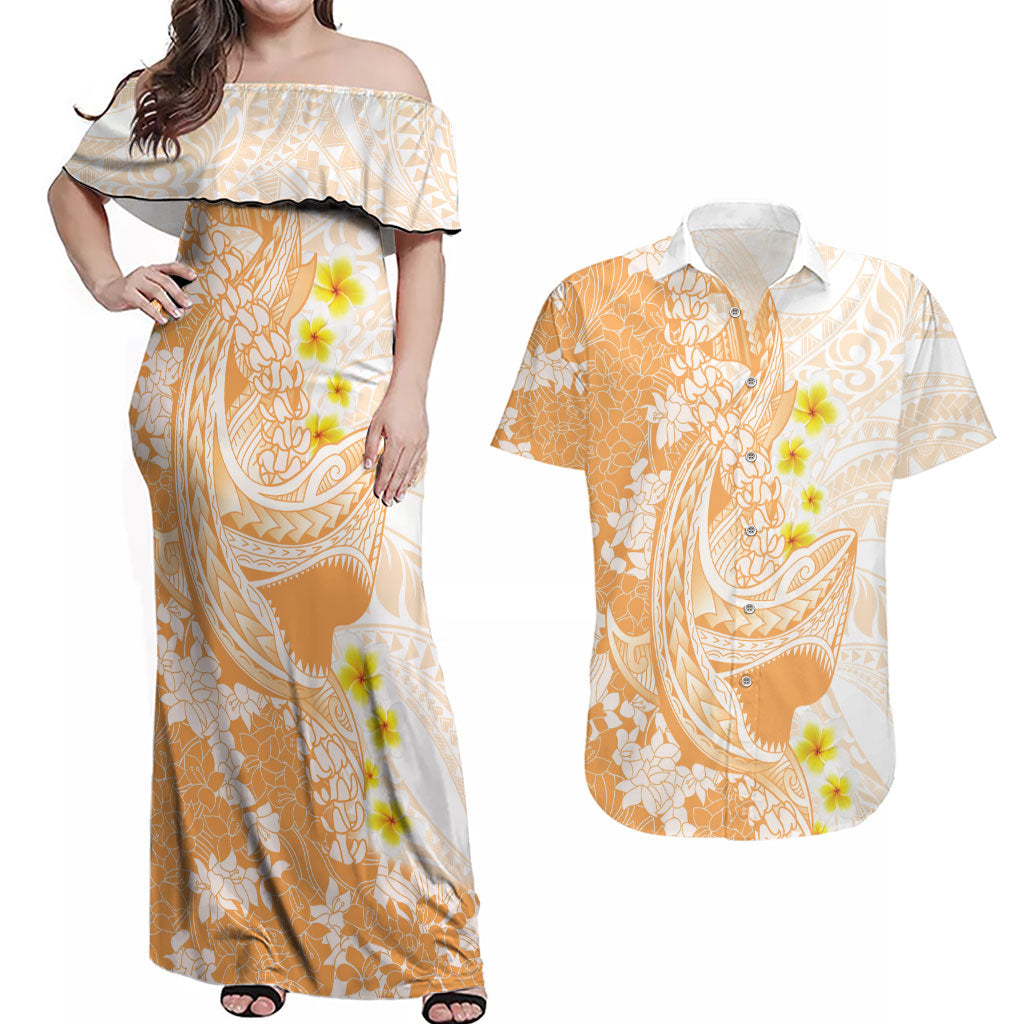 Orange Hawaii Shark Tattoo Couples Matching Off Shoulder Maxi Dress and Hawaiian Shirt Puakenikeni Lei Plumeria Polynesian Pattern