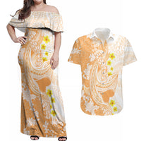 Orange Hawaii Shark Tattoo Couples Matching Off Shoulder Maxi Dress and Hawaiian Shirt Puakenikeni Lei Plumeria Polynesian Pattern