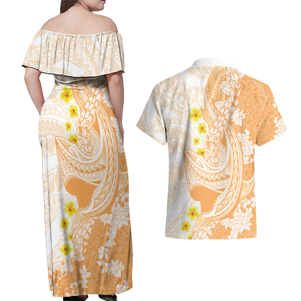 Orange Hawaii Shark Tattoo Couples Matching Off Shoulder Maxi Dress and Hawaiian Shirt Puakenikeni Lei Plumeria Polynesian Pattern
