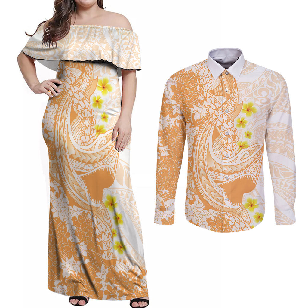 Orange Hawaii Shark Tattoo Couples Matching Off Shoulder Maxi Dress and Long Sleeve Button Shirt Puakenikeni Lei Plumeria Polynesian Pattern