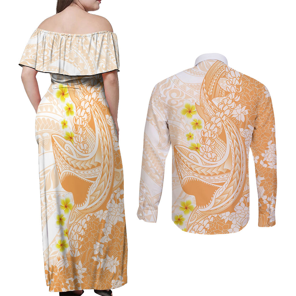 Orange Hawaii Shark Tattoo Couples Matching Off Shoulder Maxi Dress and Long Sleeve Button Shirt Puakenikeni Lei Plumeria Polynesian Pattern