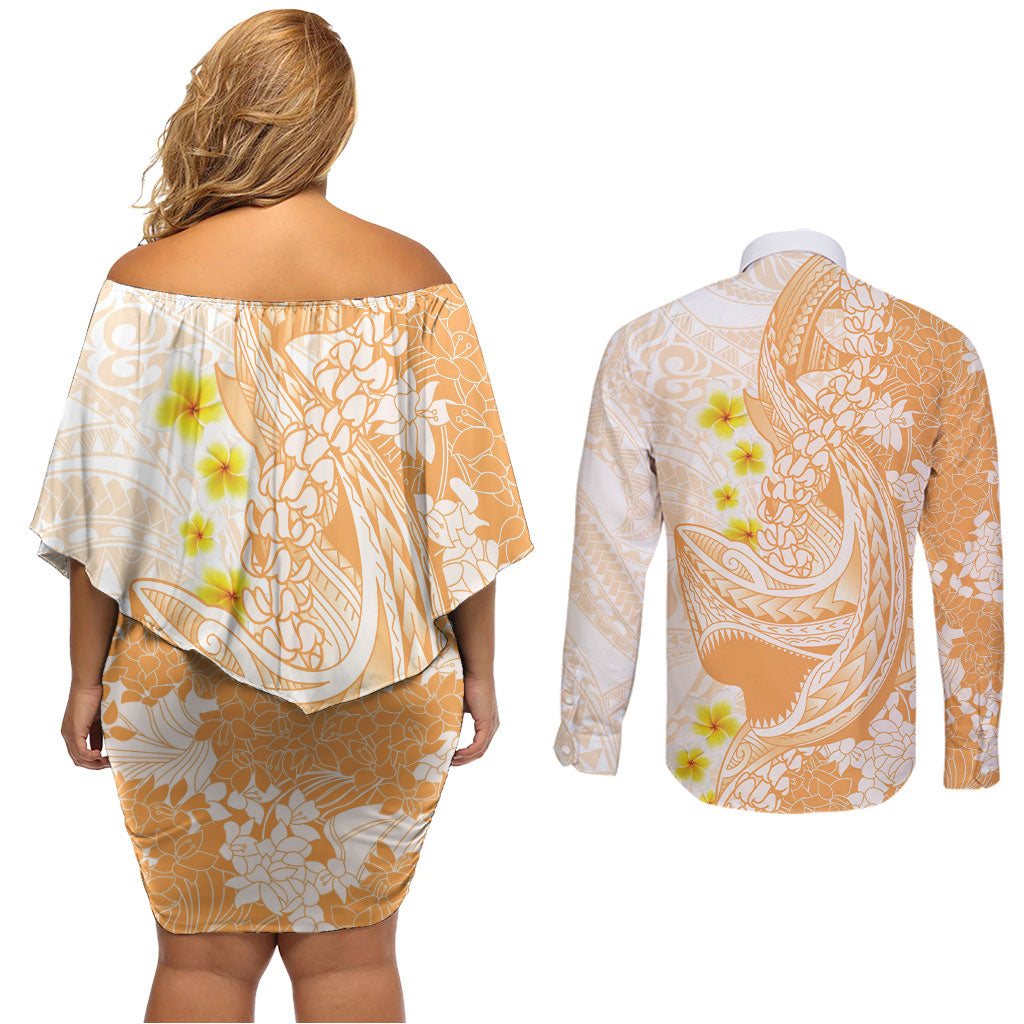 Orange Hawaii Shark Tattoo Couples Matching Off Shoulder Short Dress and Long Sleeve Button Shirt Puakenikeni Lei Plumeria Polynesian Pattern