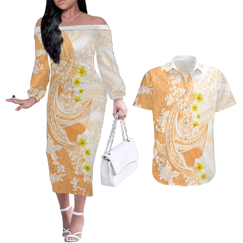 Orange Hawaii Shark Tattoo Couples Matching Off The Shoulder Long Sleeve Dress and Hawaiian Shirt Puakenikeni Lei Plumeria Polynesian Pattern