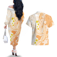 Orange Hawaii Shark Tattoo Couples Matching Off The Shoulder Long Sleeve Dress and Hawaiian Shirt Puakenikeni Lei Plumeria Polynesian Pattern
