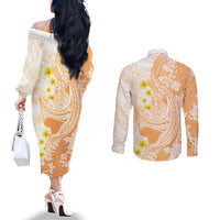 Orange Hawaii Shark Tattoo Couples Matching Off The Shoulder Long Sleeve Dress and Long Sleeve Button Shirt Puakenikeni Lei Plumeria Polynesian Pattern