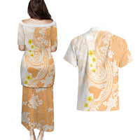 Orange Hawaii Shark Tattoo Couples Matching Puletasi and Hawaiian Shirt Puakenikeni Lei Plumeria Polynesian Pattern