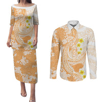 Orange Hawaii Shark Tattoo Couples Matching Puletasi and Long Sleeve Button Shirt Puakenikeni Lei Plumeria Polynesian Pattern