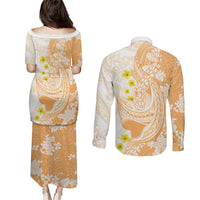 Orange Hawaii Shark Tattoo Couples Matching Puletasi and Long Sleeve Button Shirt Puakenikeni Lei Plumeria Polynesian Pattern