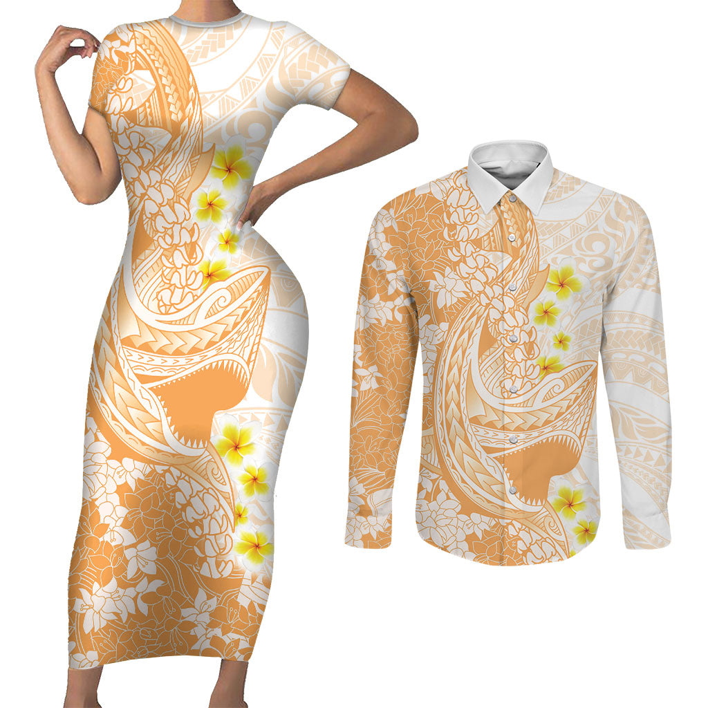 Orange Hawaii Shark Tattoo Couples Matching Short Sleeve Bodycon Dress and Long Sleeve Button Shirt Puakenikeni Lei Plumeria Polynesian Pattern