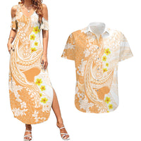 Orange Hawaii Shark Tattoo Couples Matching Summer Maxi Dress and Hawaiian Shirt Puakenikeni Lei Plumeria Polynesian Pattern