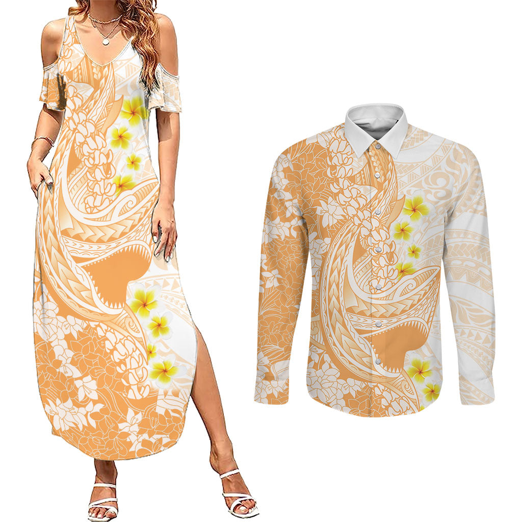 Orange Hawaii Shark Tattoo Couples Matching Summer Maxi Dress and Long Sleeve Button Shirt Puakenikeni Lei Plumeria Polynesian Pattern
