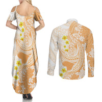 Orange Hawaii Shark Tattoo Couples Matching Summer Maxi Dress and Long Sleeve Button Shirt Puakenikeni Lei Plumeria Polynesian Pattern
