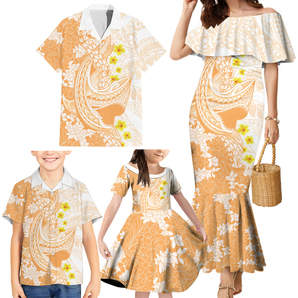 Orange Hawaii Shark Tattoo Family Matching Mermaid Dress and Hawaiian Shirt Puakenikeni Lei Plumeria Polynesian Pattern