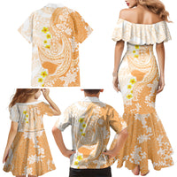 Orange Hawaii Shark Tattoo Family Matching Mermaid Dress and Hawaiian Shirt Puakenikeni Lei Plumeria Polynesian Pattern
