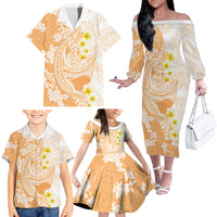 Orange Hawaii Shark Tattoo Family Matching Off The Shoulder Long Sleeve Dress and Hawaiian Shirt Puakenikeni Lei Plumeria Polynesian Pattern