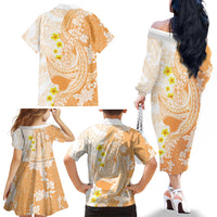 Orange Hawaii Shark Tattoo Family Matching Off The Shoulder Long Sleeve Dress and Hawaiian Shirt Puakenikeni Lei Plumeria Polynesian Pattern