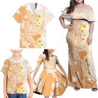 Orange Hawaii Shark Tattoo Family Matching Off Shoulder Maxi Dress and Hawaiian Shirt Puakenikeni Lei Plumeria Polynesian Pattern