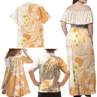 Orange Hawaii Shark Tattoo Family Matching Off Shoulder Maxi Dress and Hawaiian Shirt Puakenikeni Lei Plumeria Polynesian Pattern