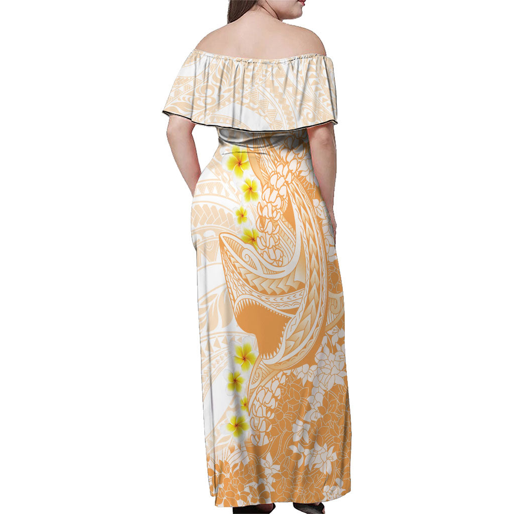 Orange Hawaii Shark Tattoo Family Matching Off Shoulder Maxi Dress and Hawaiian Shirt Puakenikeni Lei Plumeria Polynesian Pattern