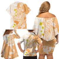 Orange Hawaii Shark Tattoo Family Matching Off Shoulder Short Dress and Hawaiian Shirt Puakenikeni Lei Plumeria Polynesian Pattern
