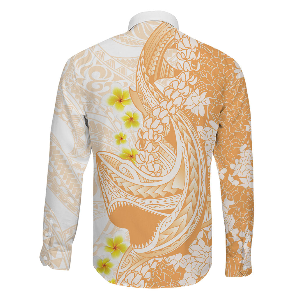 Orange Hawaii Shark Tattoo Family Matching Off Shoulder Short Dress and Hawaiian Shirt Puakenikeni Lei Plumeria Polynesian Pattern