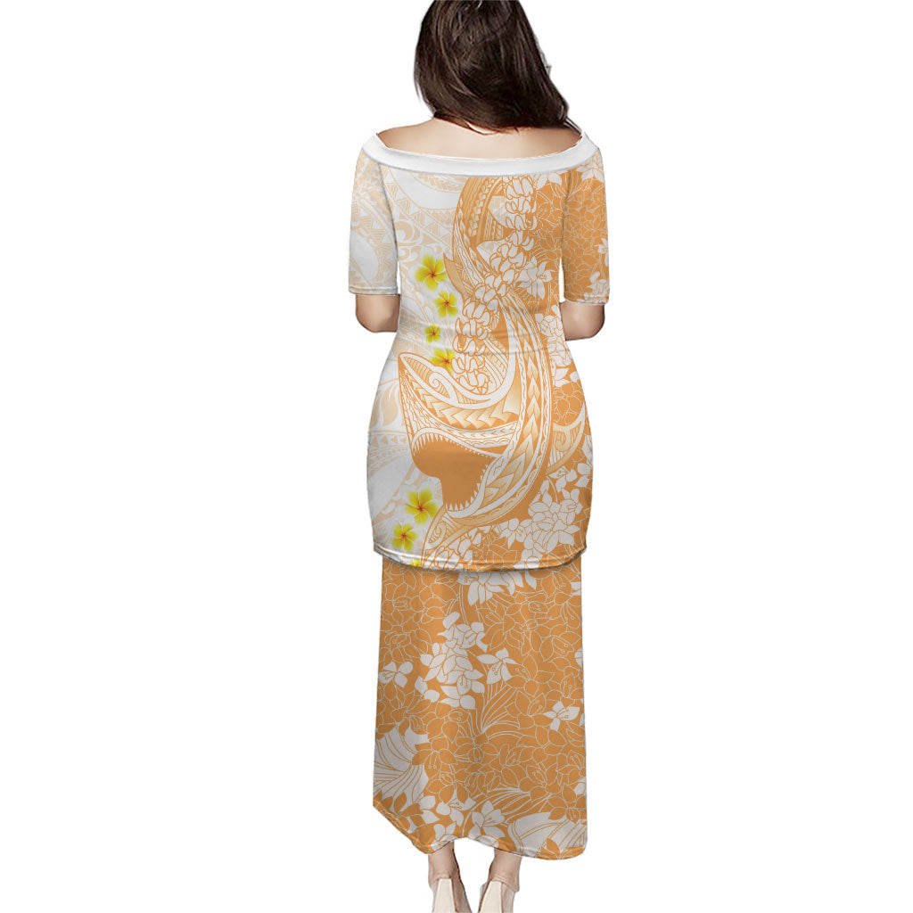 Orange Hawaii Shark Tattoo Family Matching Puletasi and Hawaiian Shirt Puakenikeni Lei Plumeria Polynesian Pattern