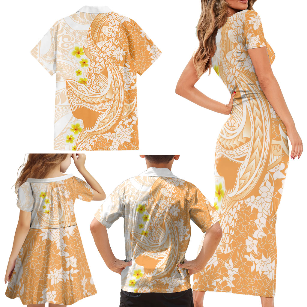 Orange Hawaii Shark Tattoo Family Matching Short Sleeve Bodycon Dress and Hawaiian Shirt Puakenikeni Lei Plumeria Polynesian Pattern