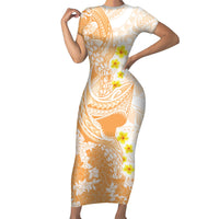 Orange Hawaii Shark Tattoo Family Matching Short Sleeve Bodycon Dress and Hawaiian Shirt Puakenikeni Lei Plumeria Polynesian Pattern