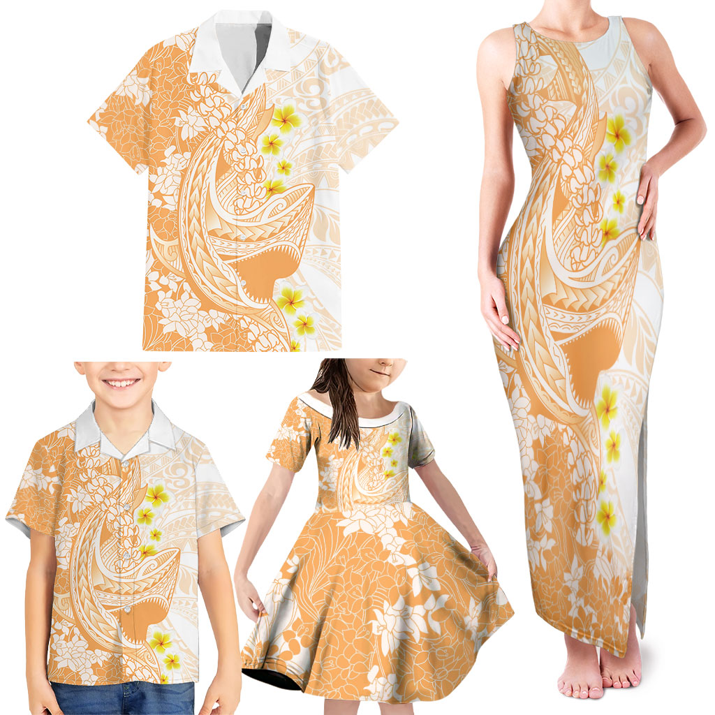 Orange Hawaii Shark Tattoo Family Matching Tank Maxi Dress and Hawaiian Shirt Puakenikeni Lei Plumeria Polynesian Pattern