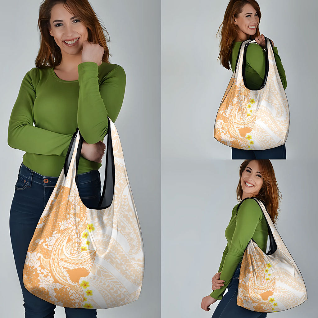 Orange Hawaii Shark Tattoo Grocery Bag Puakenikeni Lei Plumeria Polynesian Pattern