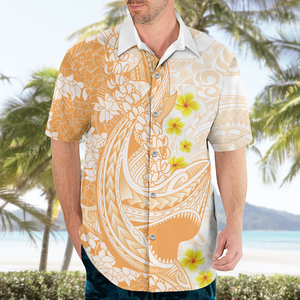 Orange Hawaii Shark Tattoo Hawaiian Shirt Puakenikeni Lei Plumeria Polynesian Pattern LT14 - Polynesian Pride