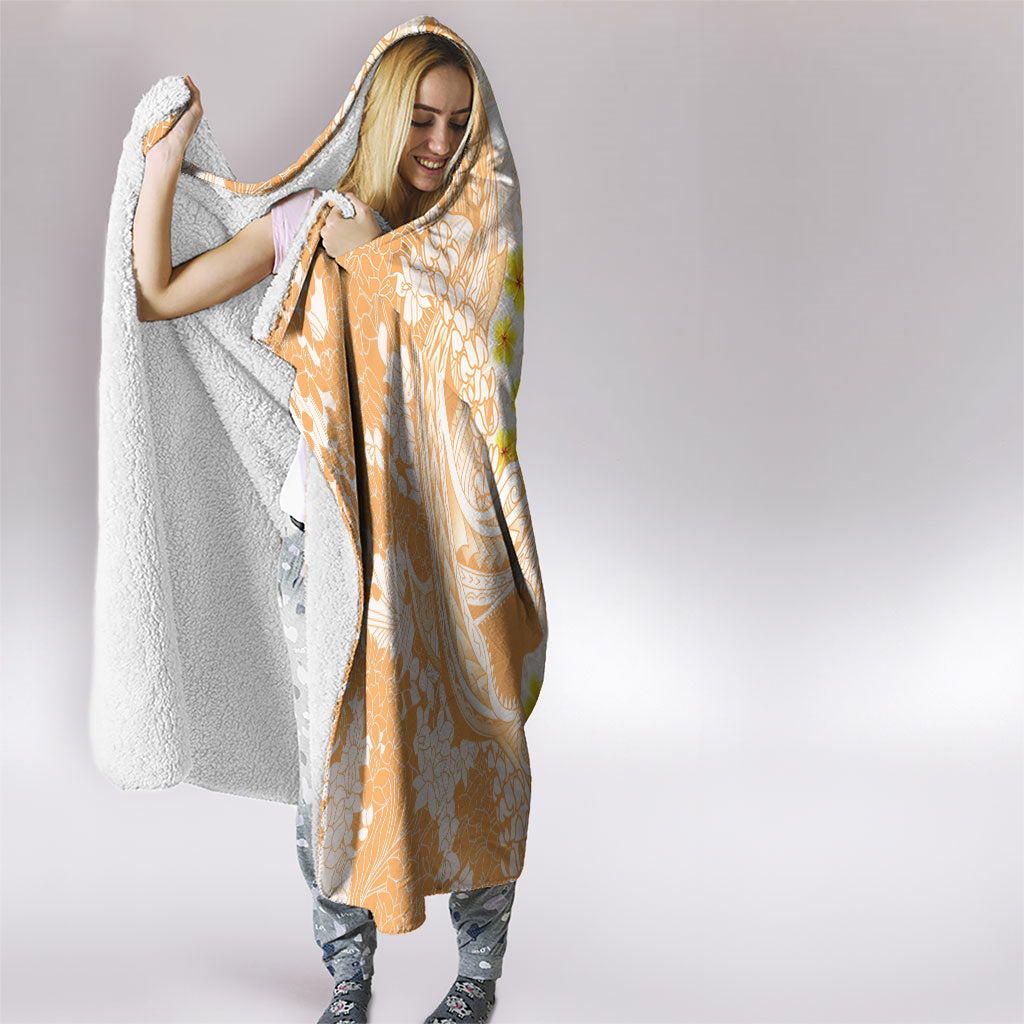 Orange Hawaii Shark Tattoo Hooded Blanket Puakenikeni Lei Plumeria Polynesian Pattern