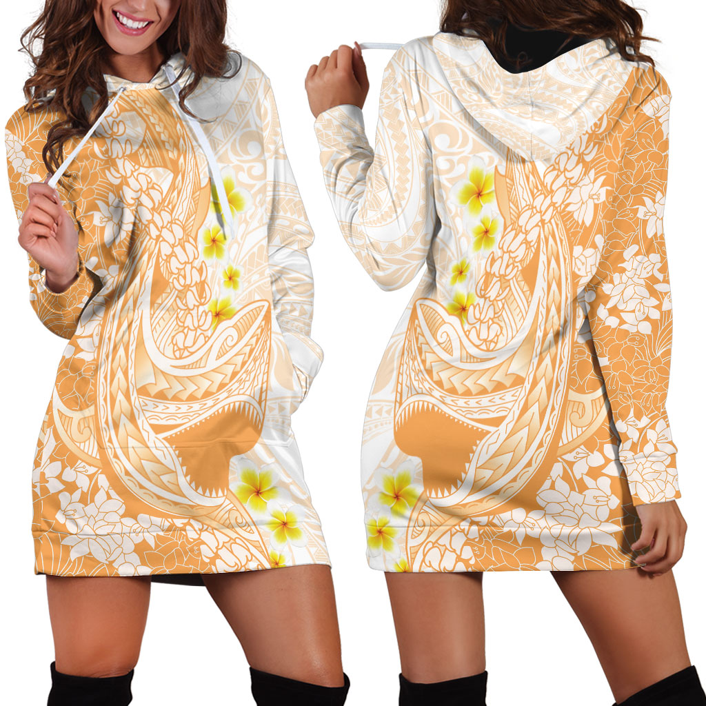 Orange Hawaii Shark Tattoo Hoodie Dress Puakenikeni Lei Plumeria Polynesian Pattern