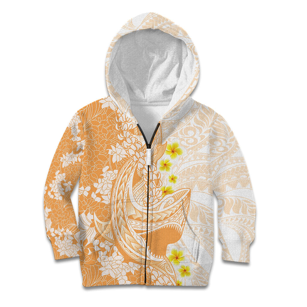Orange Hawaii Shark Tattoo Kid Hoodie Puakenikeni Lei Plumeria Polynesian Pattern