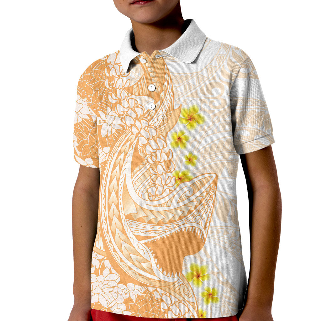 Orange Hawaii Shark Tattoo Kid Polo Shirt Puakenikeni Lei Plumeria Polynesian Pattern