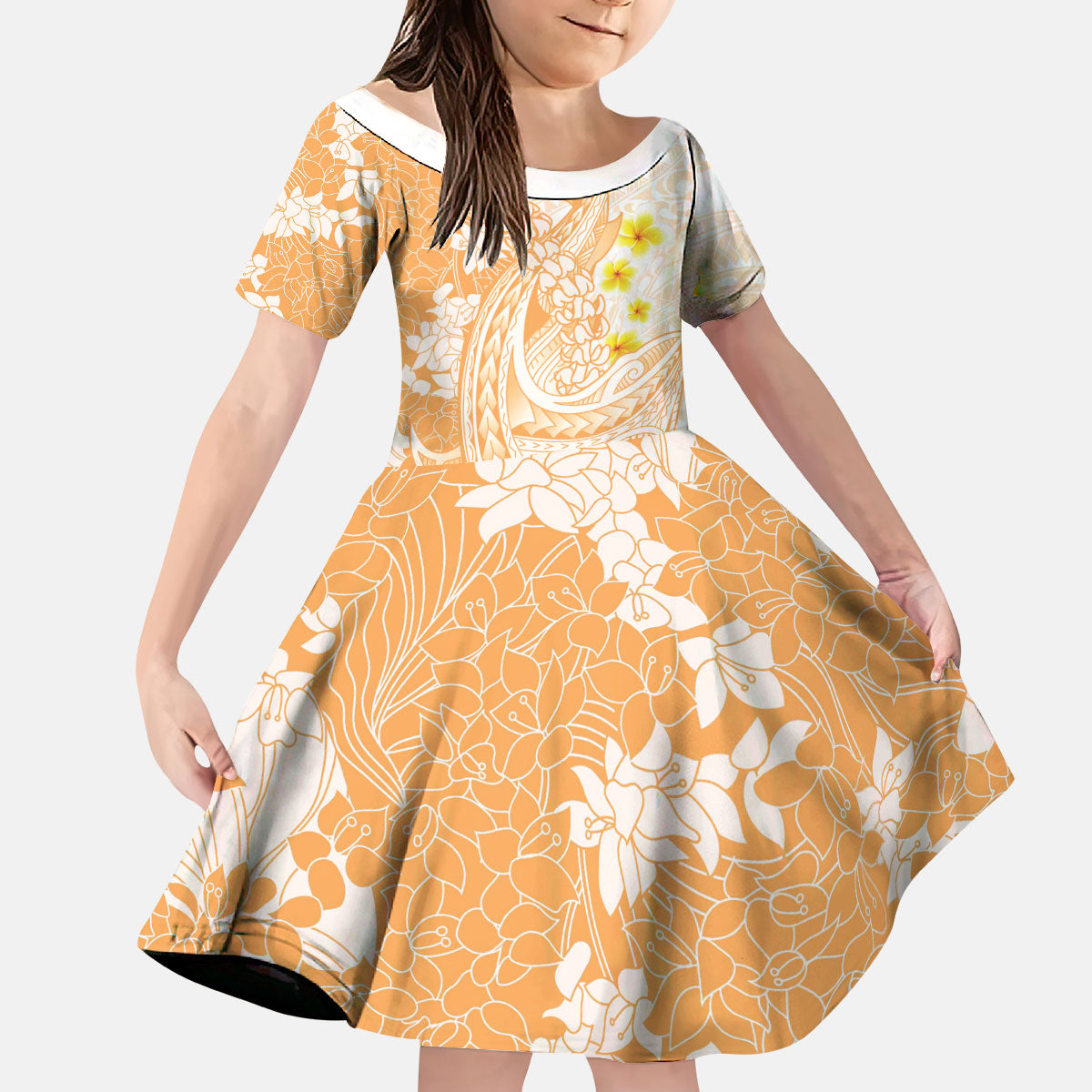 Orange Hawaii Shark Tattoo Kid Short Sleeve Dress Puakenikeni Lei Plumeria Polynesian Pattern LT14 KID Orange - Polynesian Pride