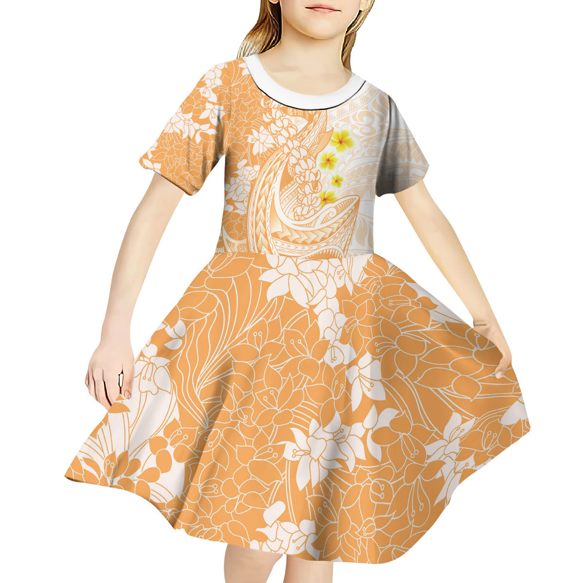 Orange Hawaii Shark Tattoo Kid Short Sleeve Dress Puakenikeni Lei Plumeria Polynesian Pattern LT14 - Polynesian Pride