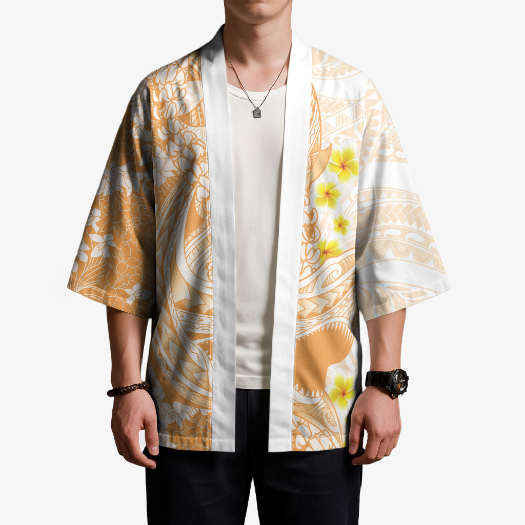 Orange Hawaii Shark Tattoo Kimono Puakenikeni Lei Plumeria Polynesian Pattern