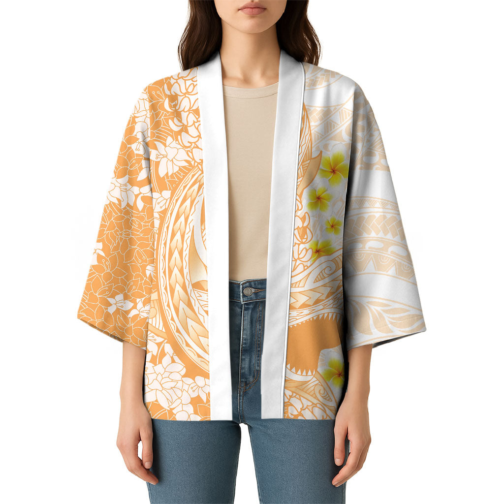 Orange Hawaii Shark Tattoo Kimono Puakenikeni Lei Plumeria Polynesian Pattern