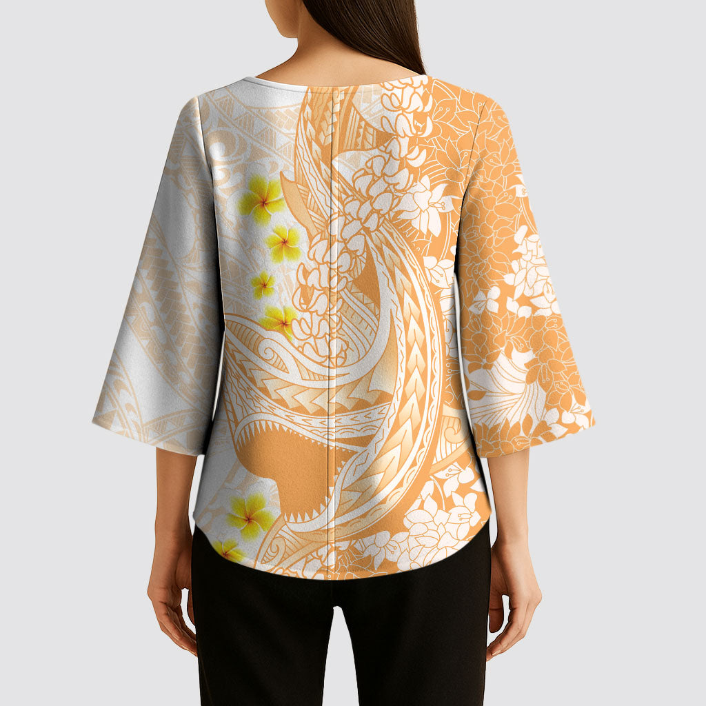 Orange Hawaii Shark Tattoo Kimono Sleeve Blouse Puakenikeni Lei Plumeria Polynesian Pattern