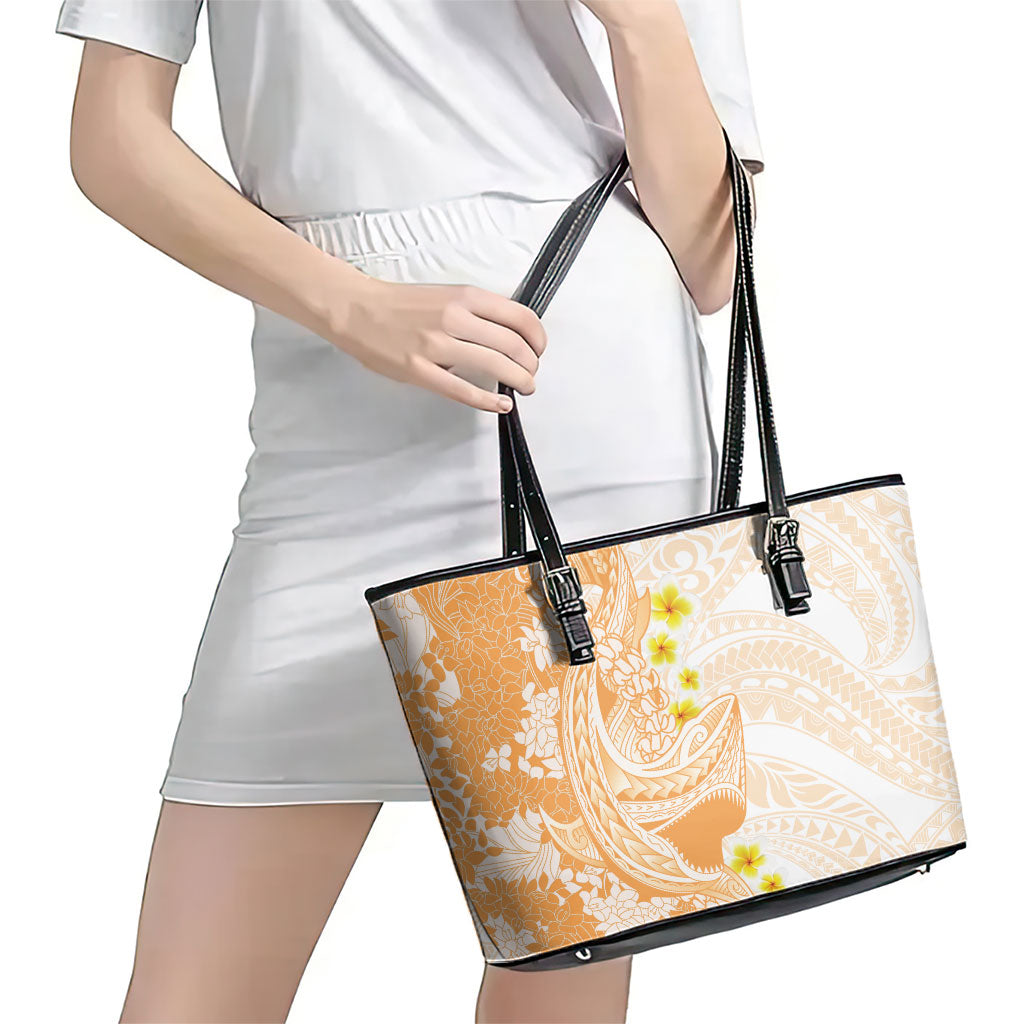 Orange Hawaii Shark Tattoo Leather Tote Bag Puakenikeni Lei Plumeria Polynesian Pattern
